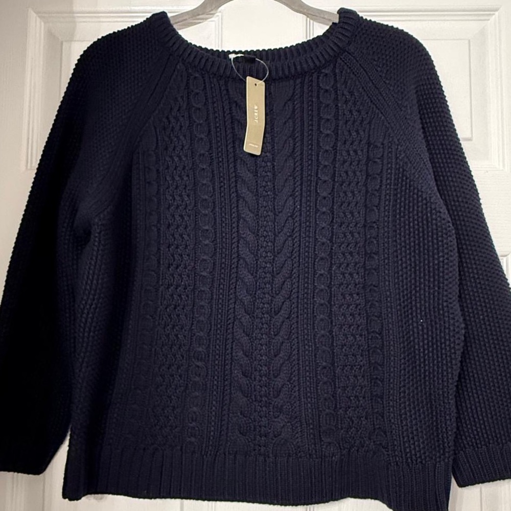 NWT J.Crew Cable Knit Sweater Women's‎ S Navy Blue 100% Cotton Chunky Crewneck